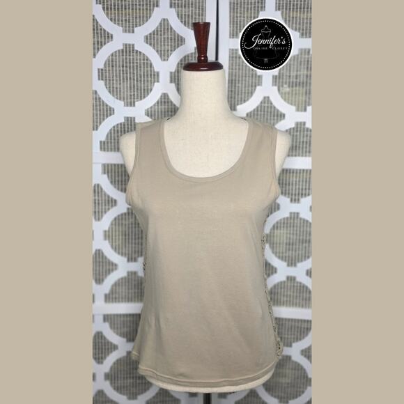 Bandolino NWT Flax (Tan) Scoop Neck Crochet Sides Tank Top Size Medium - Picture 1 of 9